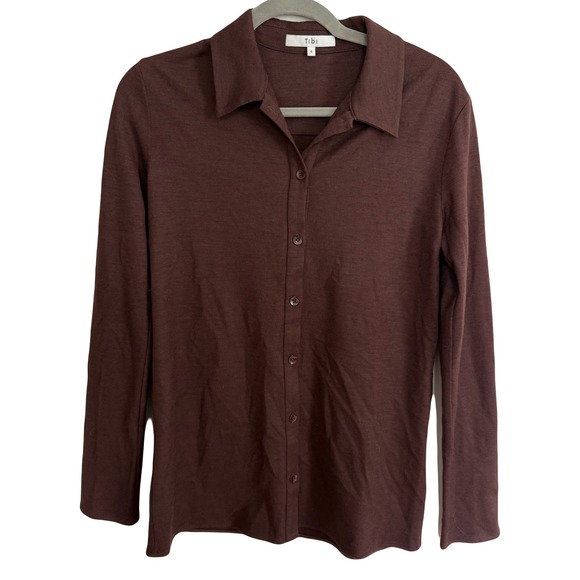 Tibi Wool Long Sleeve Collared Button Down Shirt Chocolate Brown Size 4 - Picture 1 of 5